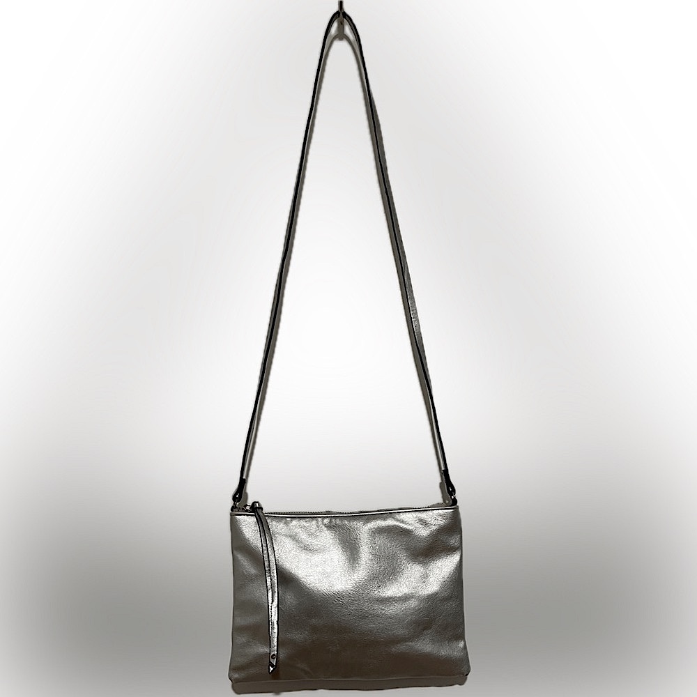 Faux Leather Metallic Silver Shoulder Bag with Zipper Tassels & Removable Strap